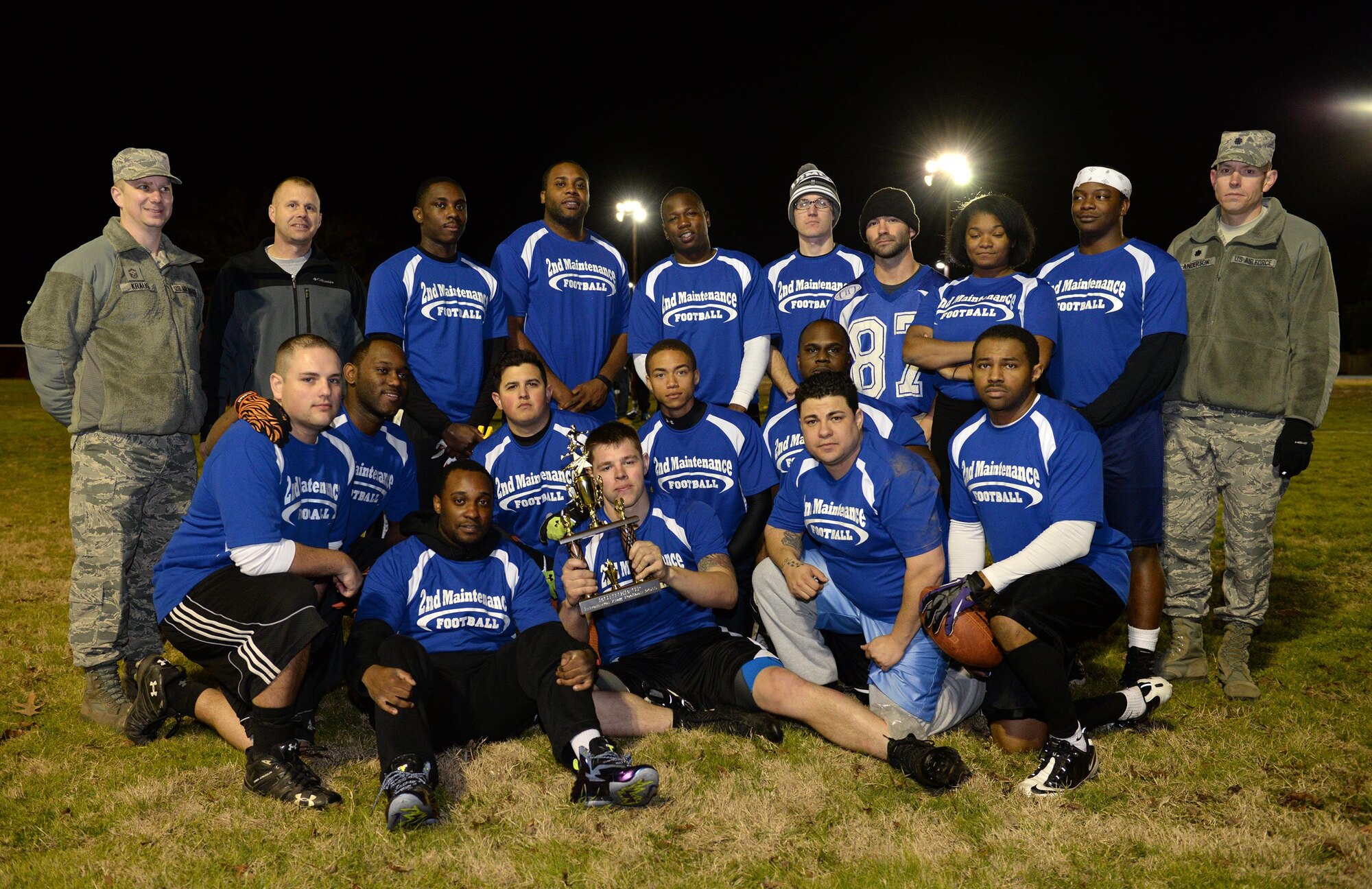 The 2nd Maintenance Squadron poses for a photo with the intramural flag football runners-up trophy at Barksdale Air Force Base, La., Jan. 28, 2016. The 2nd MXS team fell to the Air Force Global Strike Command/8th Air Force team in the championship 19-21. (U.S. Air Force photo/Airman 1st Class Curt Beach)