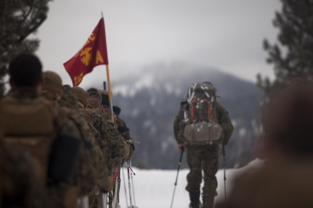 Marines hike up a mountain during cold weather training at Marine Corps Mountain Warfare Training Center, Calif., Jan. 21, 2016. The cold weather training done in the Sierra Mountains is a warm-up to Exercise Cold Response 1-16 in Norway. Nearly 80 Marines with 2nd LAAD Bn. participated in the two-weeklong exercise that taught basic mobility in snow, defensive and offensive tactics as well as basic cold weather and high altitude conditions training.