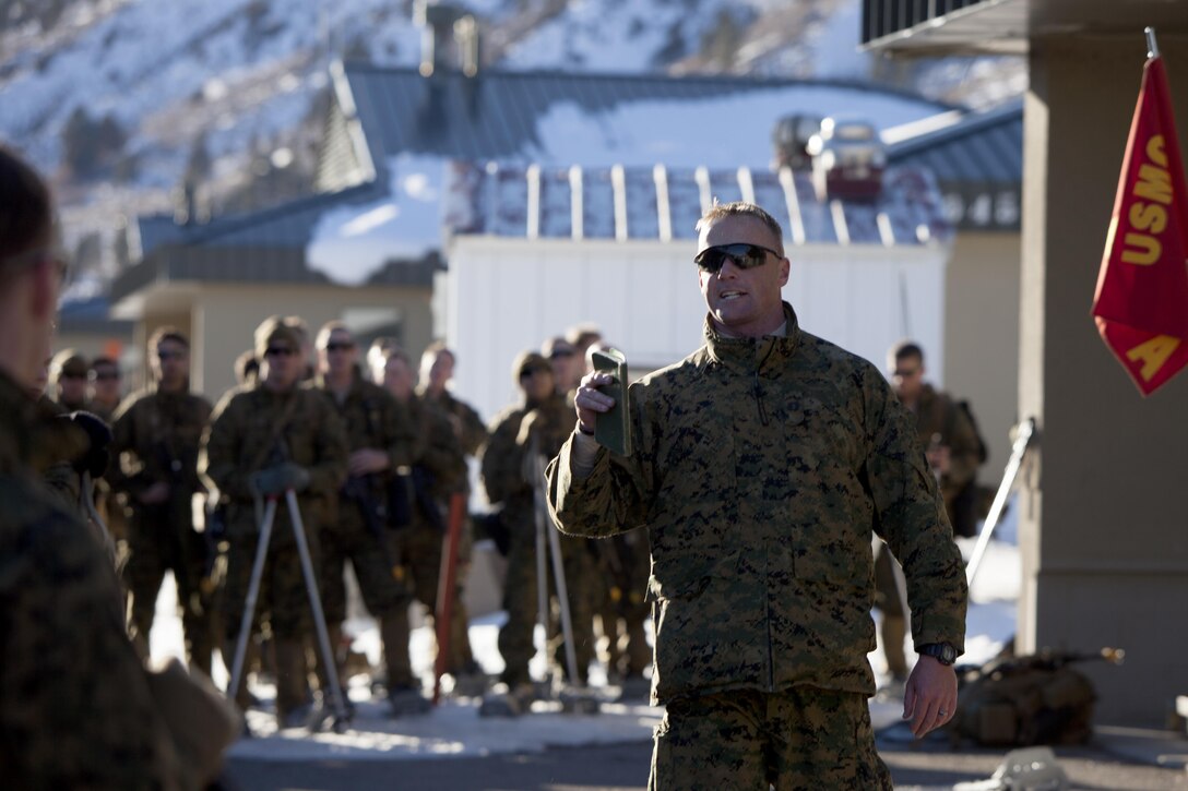 Marines are motivated by senior leadership following a hike during cold weather training at Marine Corps Mountain Warfare Training Center, Calif., Jan. 21, 2016. The cold weather training done in the Sierra Mountains is a warm-up to Exercise Cold Response 1-16 in Norway. Nearly 80 Marines with 2nd LAAD Bn. participated in the two-weeklong exercise that taught basic mobility in snow, defensive and offensive tactics as well as basic cold weather and high altitude conditions training.