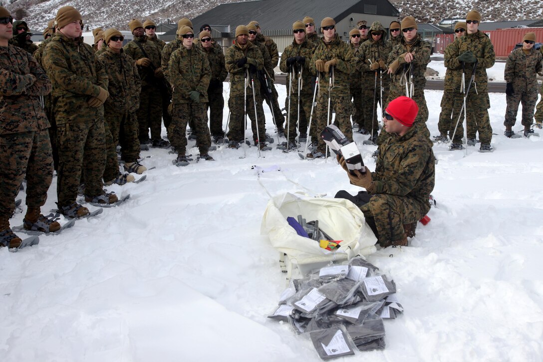 Staff Sgt. Cameron Golden instructs 2nd Low Altitude Air Defense Battalion Marines on how to properly use snowshoes during cold weather training at Marine Corps Mountain Warfare Training Center, Calif., Jan. 21, 2016. The cold weather training done in the Sierra Mountains is a warm-up to Exercise Cold Response 1-16 in Norway. Nearly 80 Marines with 2nd LAAD Bn. participated in the two-weeklong exercise that taught basic mobility in snow, defensive and offensive tactics as well as basic cold weather and high altitude conditions training. Golden is a mountain warfare instructor at the MWTC.