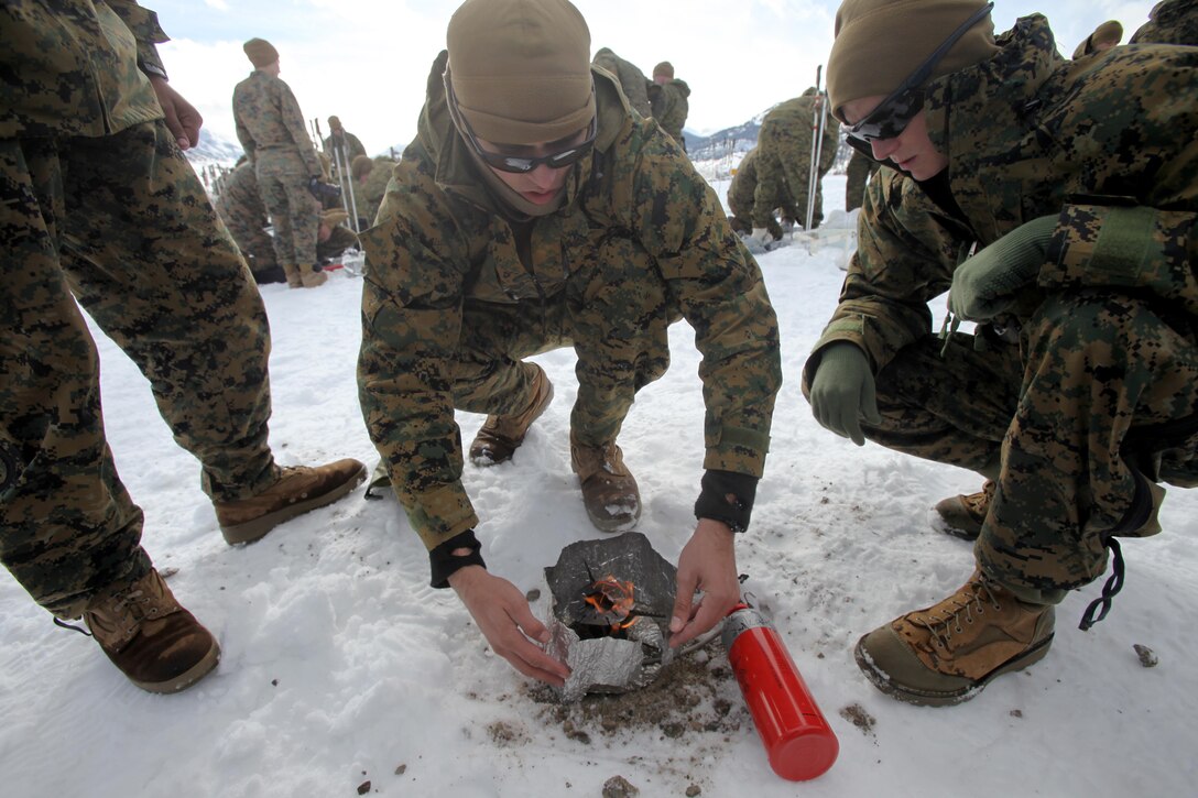 Cpl Michael B. Jaques and his teammate Cpl. Justin Resnick puts the finishing touches on a fire during cold weather training at Marine Corps Mountain Warfare Training Center, Calif., Jan. 21, 2016. The cold weather training done in the Sierra Mountains is a warm-up to Exercise Cold Response 1-16 in Norway. Nearly 80 Marines with 2nd LAAD Bn. participated in the two-weeklong exercise that taught basic mobility in snow, defensive and offensive tactics as well as basic cold weather and high altitude conditions training. Both Jaques and Resnick are low altitude air defense gunners with 2nd LAAD Bn.