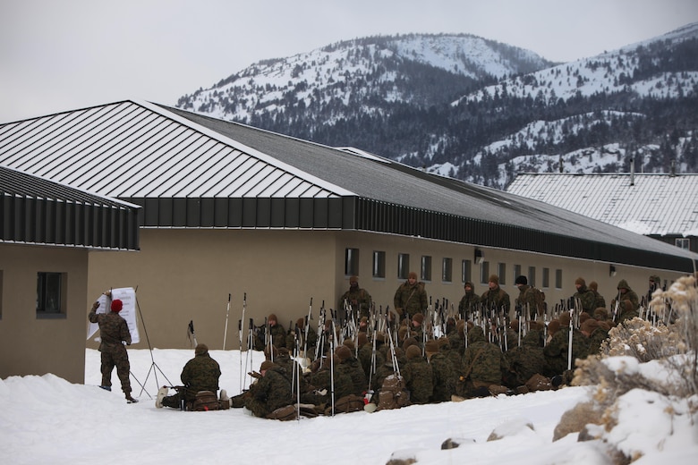 Marines take a cold weather survival class during cold weather training at Marine Corps Mountain Warfare Training Center, Calif., Jan. 21, 2016. The cold weather training done in the Sierra Mountains is a warm-up to Exercise Cold Response 1-16 in Norway. Nearly 80 Marines with 2nd LAAD Bn. participated in the two-weeklong exercise that taught basic mobility in snow, defensive and offensive tactics as well as basic cold weather and high altitude conditions training.