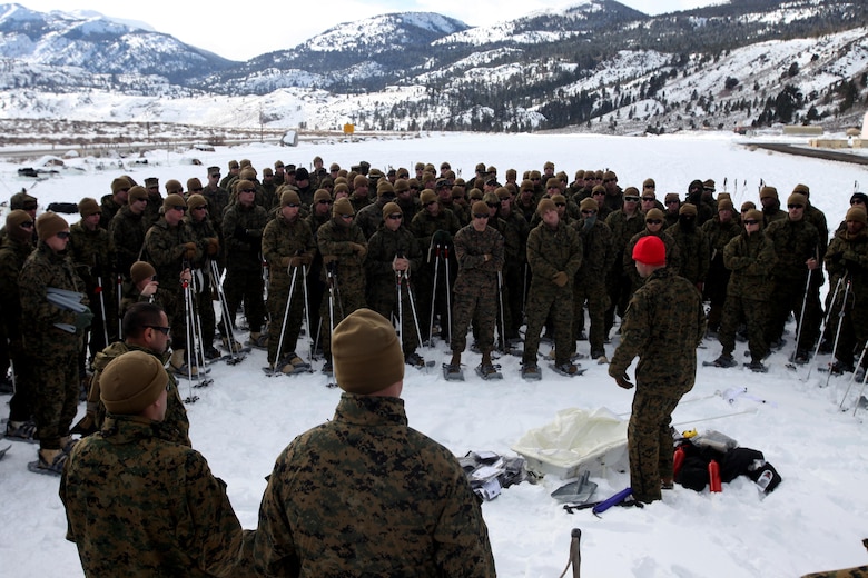 An instructor teaches Marines how to properly use a sled and sled equipment during cold weather training at Marine Corps Mountain Warfare Training Center, Calif., Jan. 21, 2016. The cold weather training done in the Sierra Mountains is a warm-up to Exercise Cold Response 1-16 in Norway. Nearly 80 Marines with 2nd LAAD Bn. participated in the two-weeklong exercise that taught basic mobility in snow, defensive and offensive tactics as well as basic cold weather and high altitude conditions training.