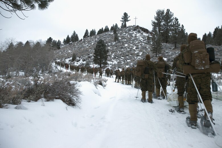 Marines hike up a steep incline to further acclimate themselves to the altitude of the Sierra Mountains during cold weather training at Marine Corps Mountain Warfare Training Center, Calif., Jan. 21, 2016. The cold weather training done in the Sierra Mountains is a warm-up to Exercise Cold Response 1-16 in Norway. Nearly 80 Marines with 2nd LAAD Bn. participated in the two-weeklong exercise that taught basic mobility in snow, defensive and offensive tactics as well as basic cold weather and high altitude conditions training.