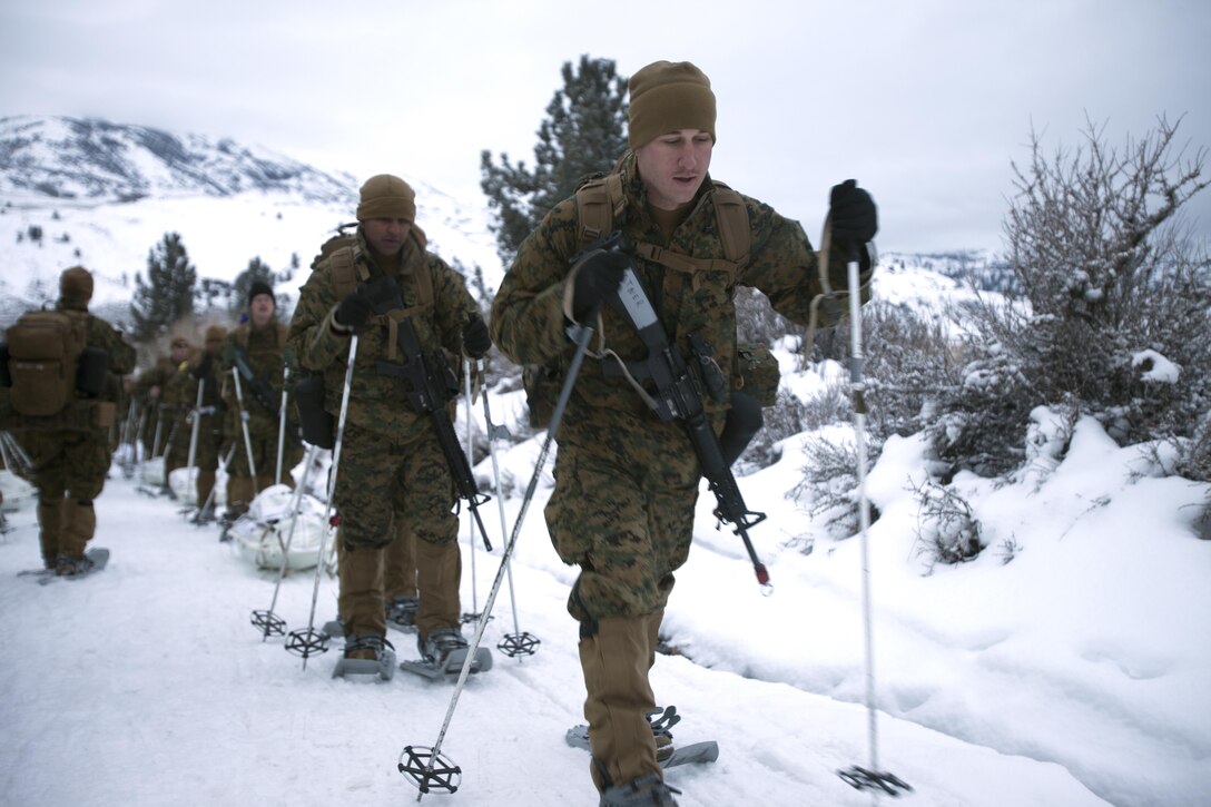 Cpl. Tyler D. Castner leads Marines up a mountain during cold weather training at Marine Corps Mountain Warfare Training Center, Calif., Jan. 21, 2016. The cold weather training done in the Sierra Mountains is a warm-up to Exercise Cold Response 1-16 in Norway. Nearly 80 Marines with 2nd LAAD Bn. participated in the two-weeklong exercise that taught basic mobility in snow, defensive and offensive tactics as well as basic cold weather and high altitude conditions training. Castner is a low altitude air defense gunner with 2nd Low Altitude Air Defense Battalion.