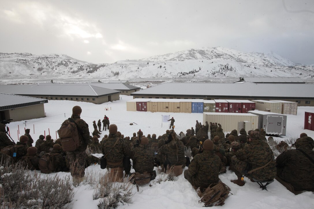 Marines take a cold weather survival class during cold weather training at Marine Corps Mountain Warfare Training Center, Calif., Jan. 21, 2016. The cold weather training done in the Sierra Mountains is a warm-up to Exercise Cold Response 1-16 in Norway. Nearly 80 Marines with 2nd LAAD Bn. participated in the two-weeklong exercise that taught basic mobility in snow, defensive and offensive tactics as well as basic cold weather and high altitude conditions training.