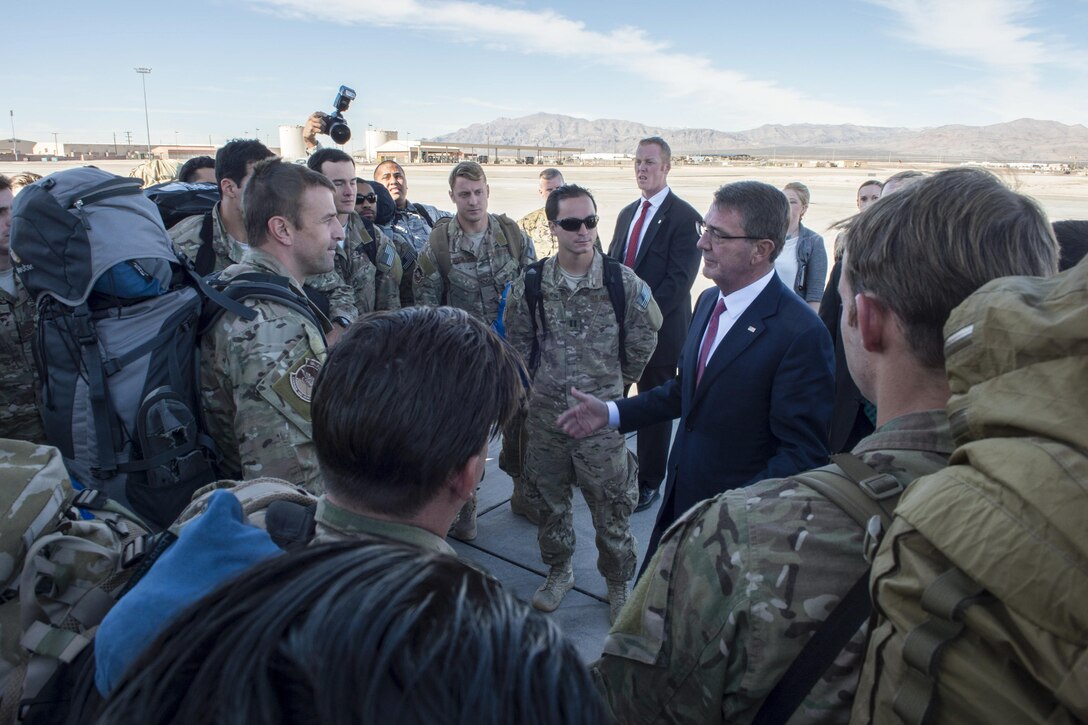 Defense Secretary Ash Carter greets troops returning from a deployment to Djibouti while visiting Nellis Air Force Base, Nev., Feb. 4, 2016. Carter visited the base to tour facilities and discuss future budgets. DoD photo by Navy Petty Officer 1st Class Tim D. Godbee