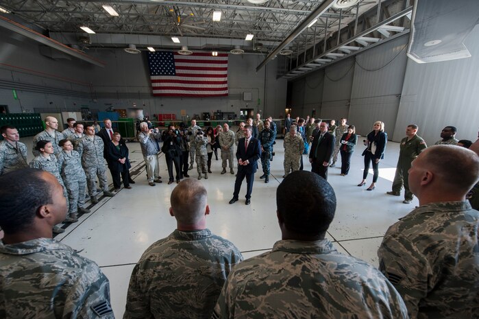 Defense Secretary Ash Carter speaks to Airmen at Nellis Air Force Base, Nev., Feb. 4, 2016. After meeting with service members at the California-based Naval Air Weapons Station China Lake and Marine Corps Air Station Miramar, Carter spoke to Nellis AFB Airmen to preview the fiscal year 2017 defense budget and discuss its impact on the Air Force. (U.S. Air Force photo by Staff Sgt. Siuta B. Ika)