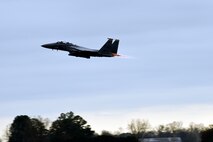 An F-15E Strike Eagle assigned to the 336th Fighter Squadron takes off during exercise Coronet Warrior 16-01, Feb. 2, 2016, at Seymour Johnson Air Force Base, North Carolina. Aircraft conducted numerous flights over the two-day exercise that tested their air-to-ground and air-to-air combat capabilities. (U.S. Air Force photo/Airman Shawna L. Keyes)
