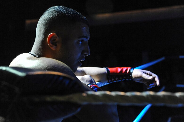 U.S.  Air Force Senior Airman Majd Saif, 924th Aircraft Maintenance Squadron A-10C Thunderbolt crew chief, waits ringside to be tagged in during a wrestling match at the Crescent Ballroom in Phoenix, Ariz., Jan. 29, 2016. Saif, also known as “Prince Majd Ali” in the ring, competed in a six-man tag team match. (U.S. Air Force photo by Airman Basic Nathan H. Barbour/Released)