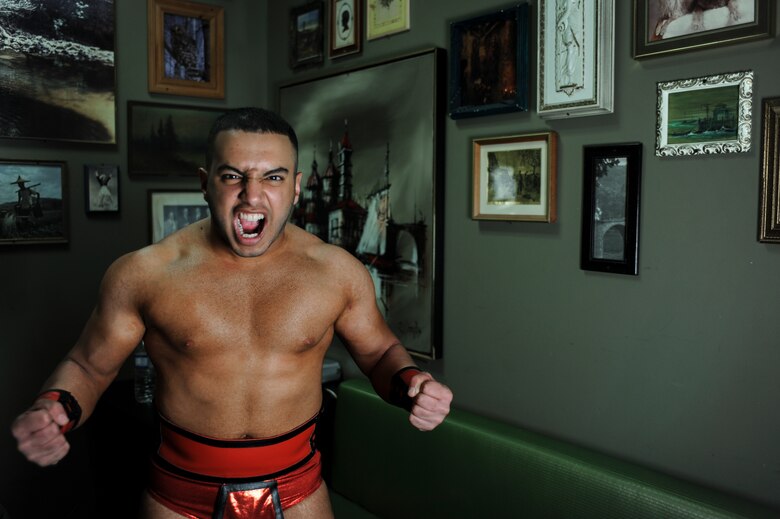U.S. Air Force Senior Airman Majd Saif, 924th Aircraft Maintenance Squadron A-10C Thunderbolt crew chief, poses for a portrait prior to a wrestling match at the Crescent Ballroom in Phoenix, Ariz., Jan. 29, 2016. Saif adopts a persona in the ring that is much different from his normal appearance. (U.S. Air Force photo illustration by Airman Basic Nathan H. Barbour/Released)