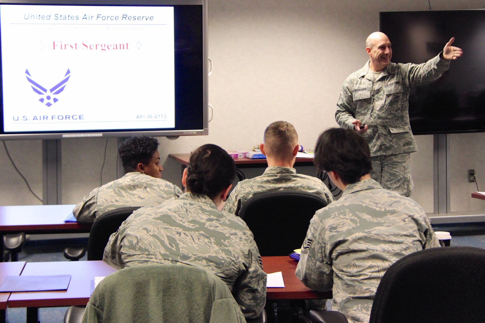 Senior Master Sgt. Matt Zahradka, First Sergeant for the 932nd Aircraft Maintenance Squadron, welcomes new 932nd Airlift Wing members during his portion of Newcomers Orientation Course, held during the Unit Training Assembly at Scott Air Force Base.  The 932nd AW is now part of 22nd Air Force, aligned under Air Force Reserve Command.  (U.S. Air Force photo by Maj. Stan Paregien)