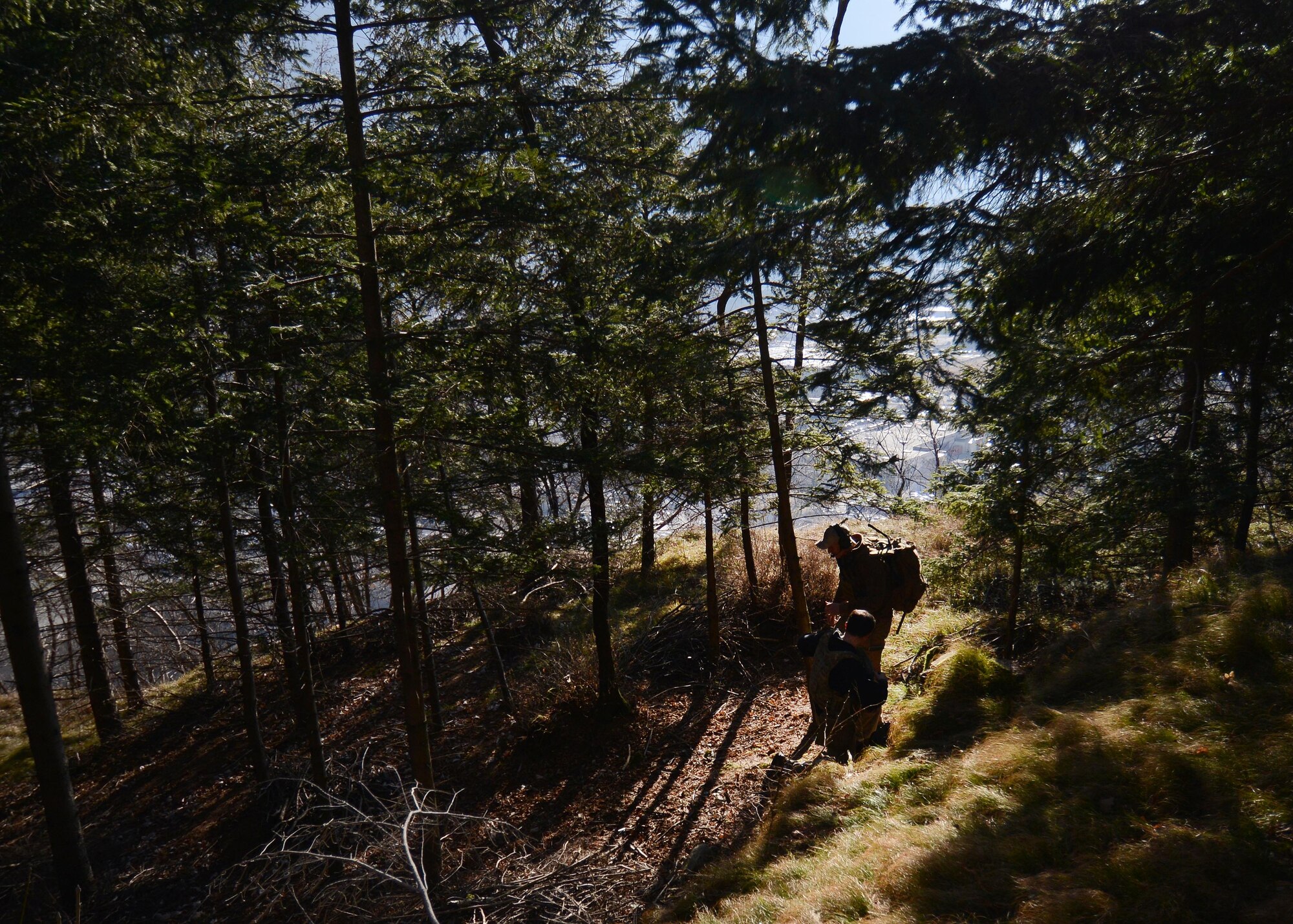 U.S. Air Force Senior Airman Tormod Lillekroken, 2nd Air Support Operations Squadron Tactical Air Control Party journeyman, hikes down a mountain Jan. 29, 2016, in Longarone, Italy. Pilots with the 555th Fighter Squadron and 2nd ASOS TACPs trained in surface-to-air threat scenarios in which they provided pilots with simulated enemy coordinates from austere locations. (U.S. Air Force photo by Staff Sgt. Evelyn Chavez/Released)