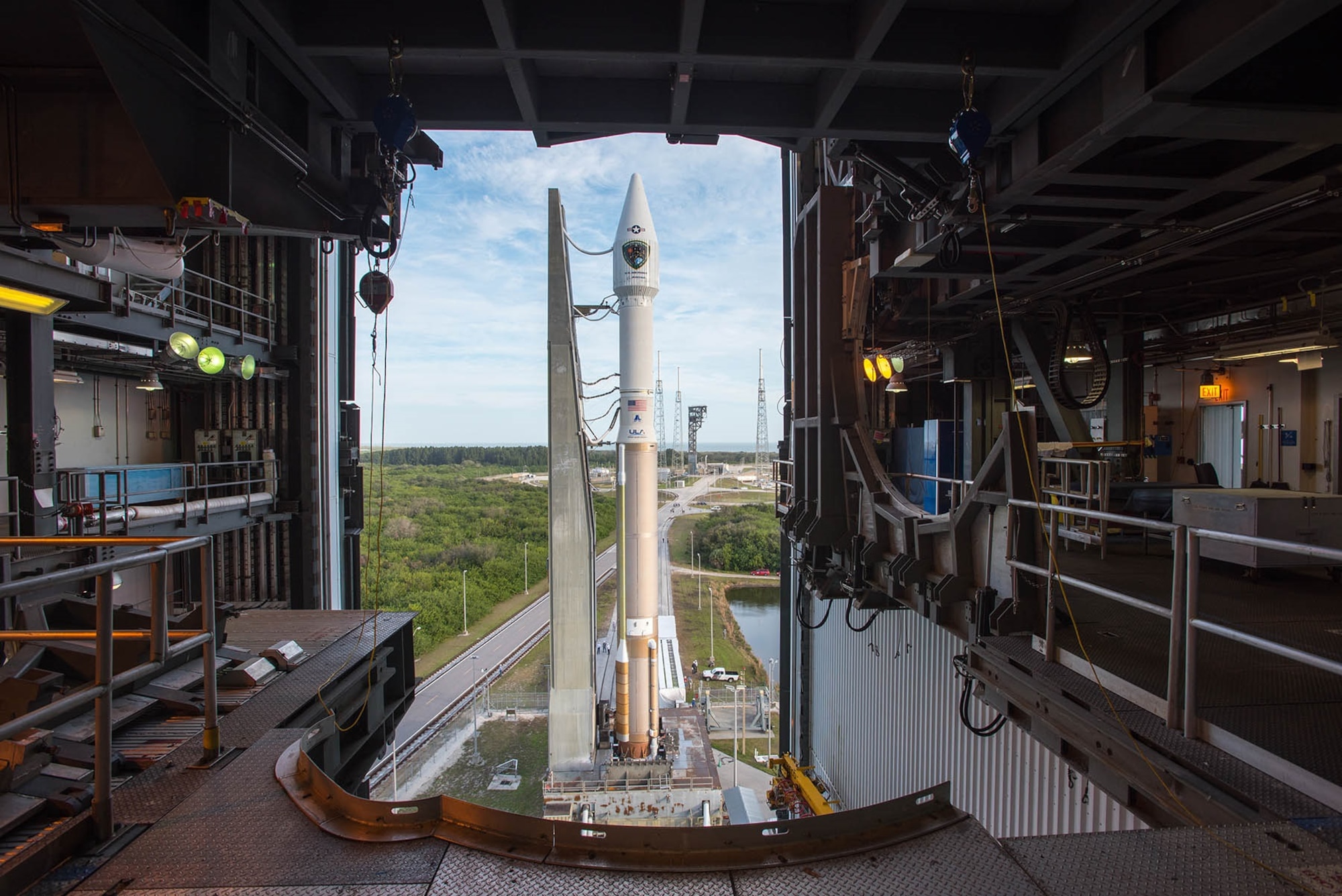 A United Launch Alliance Atlas V rocket with the GPS IIF-12 satellite, is rolled from the Vertical Integration Facility to the pad at Space Launch Complex-41, Cape Canaveral Air Force Station, Florida. Liftoff is scheduled for Feb. 5. The launch window opens at 8:38 a.m. EST (5:38 a.m. PST) and will remain open for 19 minutes. (Courtesy photo: ULA)
