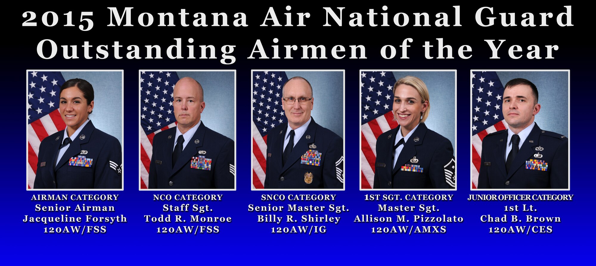 The 2015 Montana Air National Guard  Airmen of the Year as shown in this photo illustration: Senior Airman Jacqueline Forsyth, 120th Force Support Squadron, Airman category; Staff Sgt. Todd Monroe, 120th Force Support Squadron, non-commissioned officer category; Senior Master Sgt. Billy Shirley, 120th Airlift Wing Inspector General, senior non-commissioned officer category; Master Sgt. Allison Pizzolato, 120th Aircraft Maintenance Squadron, first sergeant category; and 1st Lt. Chad Brown, 120th Civil Engineer Squadron, junior officer category. (U.S. Air National Guard photo illustration by Senior Master Sgt. Eric Peterson/Released)