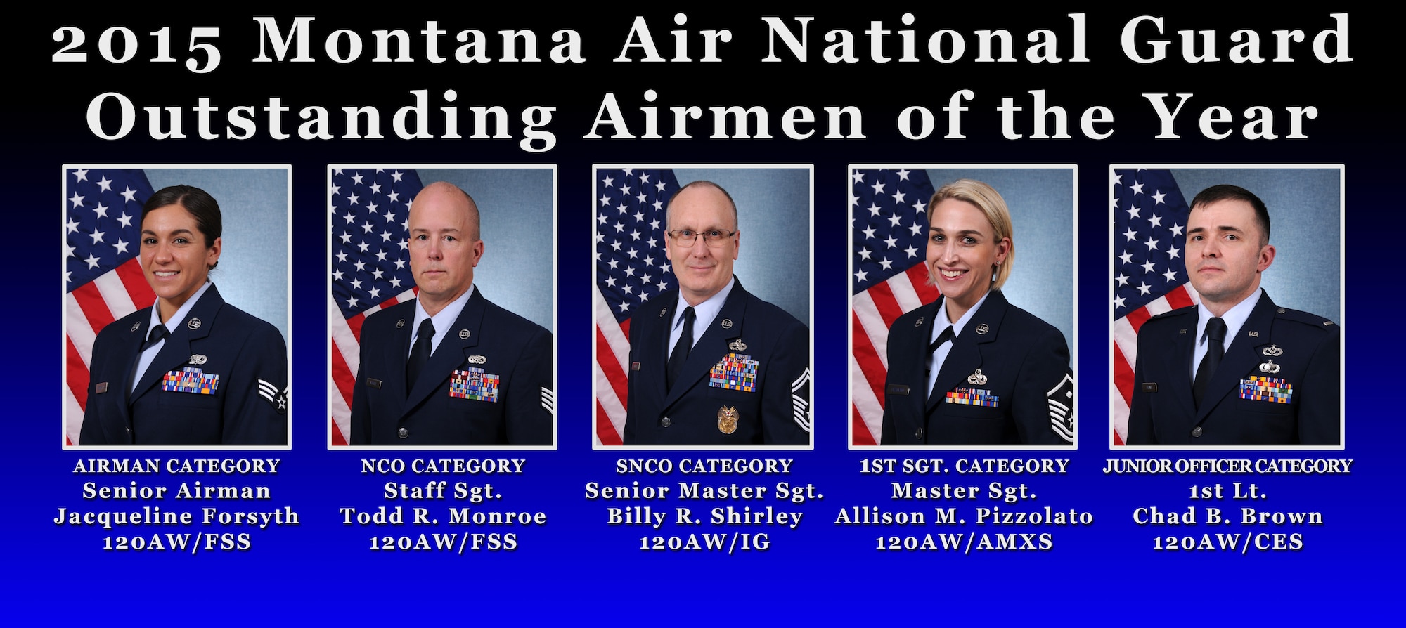 The 2015 Montana Air National Guard  Airmen of the Year as shown in this photo illustration: Senior Airman Jacqueline Forsyth, 120th Force Support Squadron, Airman category; Staff Sgt. Todd Monroe, 120th Force Support Squadron, non-commissioned officer category; Senior Master Sgt. Billy Shirley, 120th Airlift Wing Inspector General, senior non-commissioned officer category; Master Sgt. Allison Pizzolato, 120th Aircraft Maintenance Squadron, first sergeant category; and 1st Lt. Chad Brown, 120th Civil Engineer Squadron, junior officer category. (U.S. Air National Guard photo illustration by Senior Master Sgt. Eric Peterson/Released)