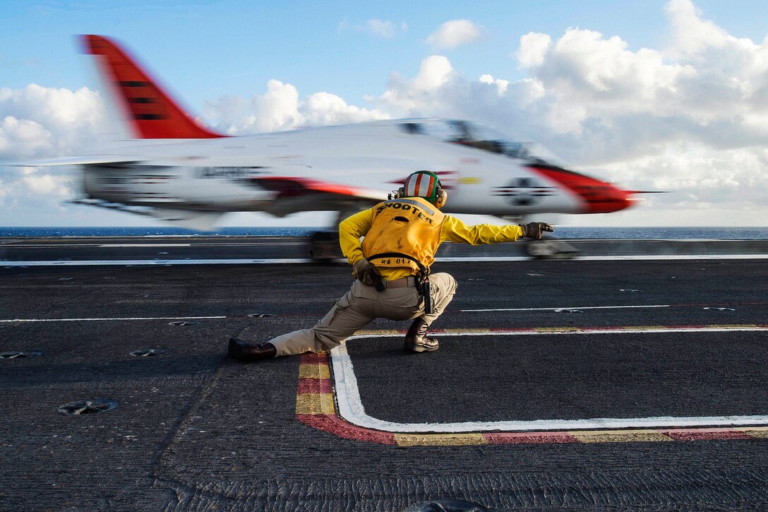 A T-45C Goshawk launches from the flight deck of the aircraft carrier USS Dwight D. Eisenhower in the Atlantic Ocean, Feb. 3, 2016. The Eisenhower is underway preparing for an upcoming inspection and conducting carrier qualifications. Navy photo by Petty Officer 3rd Class Anderson W. Branch