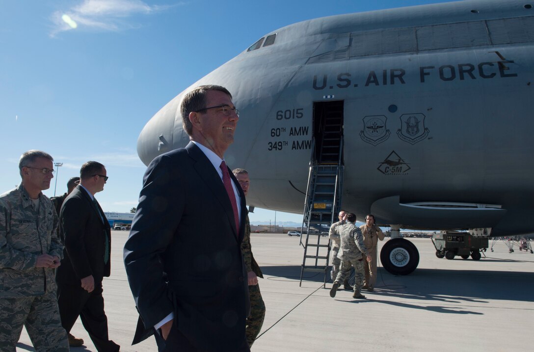 Defense Secretary Ash Carter walks the flightline while visiting Nellis Air Force Base, Nev., Feb. 4, 2016. DoD photo by Navy Petty Officer 1st Class Tim D. Godbee