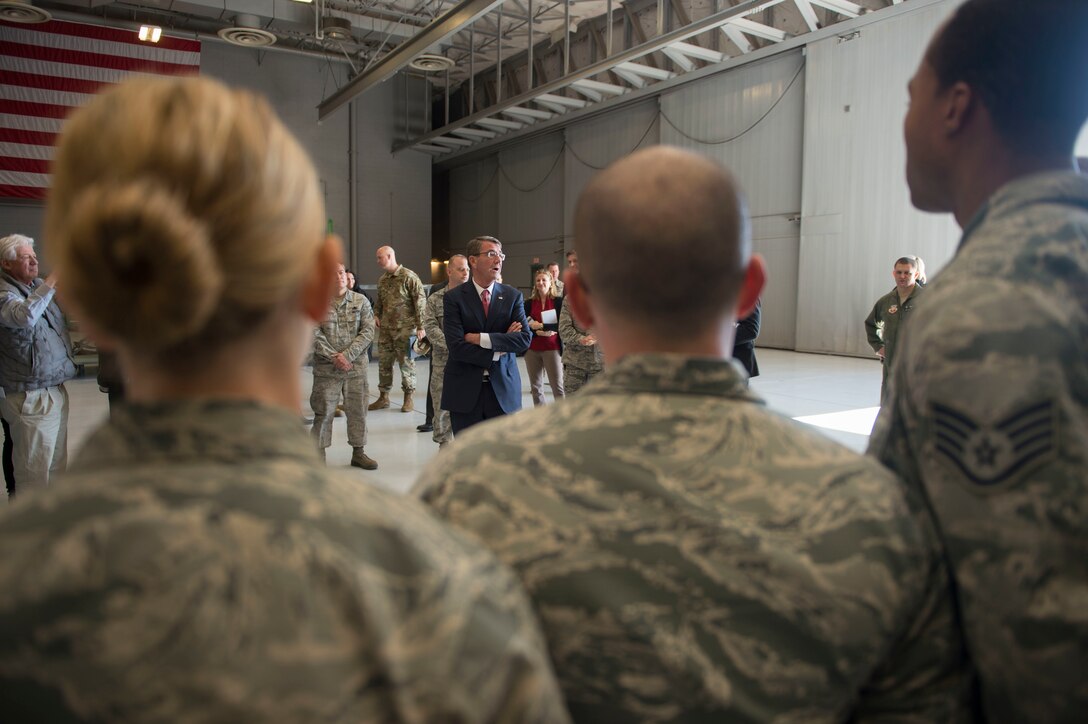 Defense Ash Carter speaks to airmen assigned to the 66th Rescue Squadron on Nellis Air Force Base, Nev., Feb. 4, 2016. DoD photo by Navy Petty Officer 1st Class Tim D. Godbee