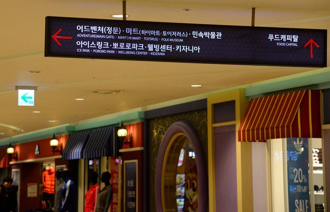 A sign points toward the entrance of a theme park and ice rink in the Lotte World Mall, Feb. 2, 2016. The mall features hundreds on stores and restaurants and is centrally located at Jamsil Station in Seoul. (U.S. Air Force photo by Senior Airman Kristin High/Released)