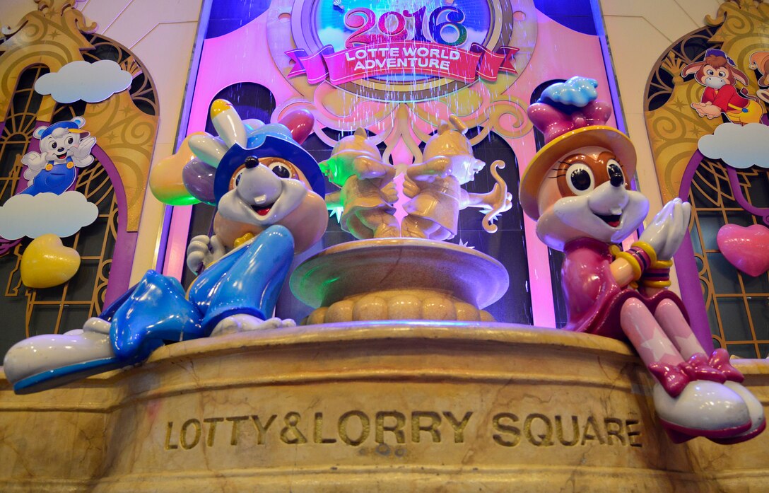 Characters are located at the entrance of the Lotte World Adventure Theme Park, Feb. 2, 2016. The Lotte World Mall features hundreds on stores and restaurants and is centrally located at Jamsil Station in Seoul. (U.S. Air Force photo by Senior Airman Kristin High/Released)