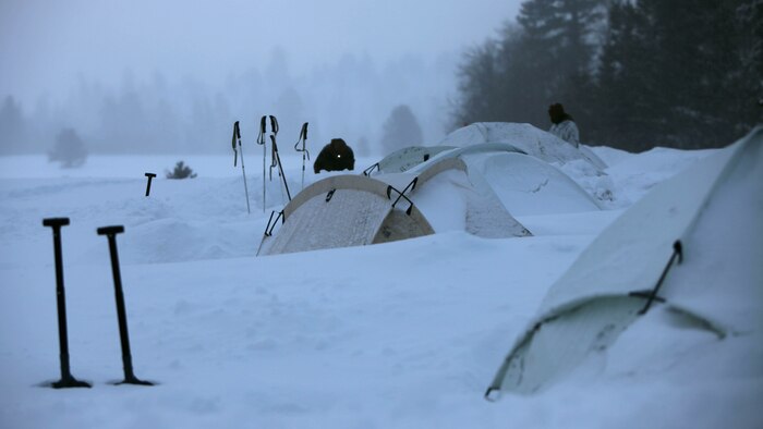 Marines inspect the areas around their tents during cold weather training at Marine Corps Mountain Warfare Training Center, California, Jan. 21, 2016. The cold weather training done in the Sierra Mountains is a warm-up to Exercise Cold Response 1-16 in Norway. Nearly 80 Marines with 2nd LAAD Bn. participated in the two-weeklong exercise that taught basic mobility in snow, defensive and offensive tactics as well as basic cold weather and high altitude conditions training.