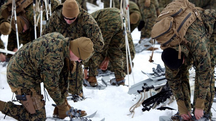 Marines put on snowshoes for the first time during cold weather training at Marine Corps Mountain Warfare Training Center, California, Jan. 21, 2016. The cold weather training done in the Sierra Mountains is a warm-up to Exercise Cold Response 1-16 in Norway. Nearly 80 Marines with 2nd LAAD Bn. participated in the two-weeklong exercise that taught basic mobility in snow, defensive and offensive tactics as well as basic cold weather and high altitude conditions training.
