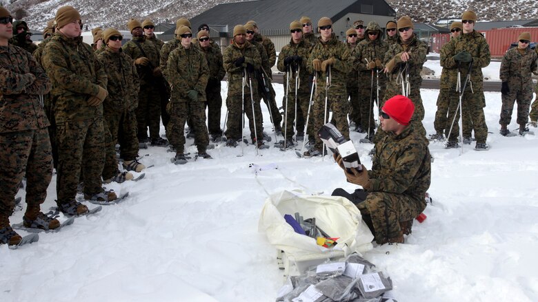 Staff Sgt. Cameron Golden instructs 2nd Low Altitude Air Defense Battalion Marines on how to properly use snowshoes during cold weather training at Marine Corps Mountain Warfare Training Center, California, Jan. 21, 2016. The cold weather training done in the Sierra Mountains is a warm-up to Exercise Cold Response 1-16 in Norway. Nearly 80 Marines with 2nd LAAD Bn. participated in the two-weeklong exercise that taught basic mobility in snow, defensive and offensive tactics as well as basic cold weather and high altitude conditions training. Golden is a mountain warfare instructor at the MWTC.