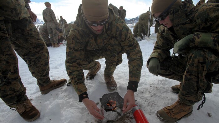Cpl Michael B. Jaques and his teammate Cpl. Justin Resnick puts the finishing touches on a fire during cold weather training at Marine Corps Mountain Warfare Training Center, California, Jan. 21, 2016. The cold weather training done in the Sierra Mountains is a warm-up to Exercise Cold Response 1-16 in Norway. Nearly 80 Marines with 2nd LAAD Bn. participated in the two-weeklong exercise that taught basic mobility in snow, defensive and offensive tactics as well as basic cold weather and high altitude conditions training. Both Jaques and Resnick are low altitude air defense gunners with 2nd LAAD Bn.