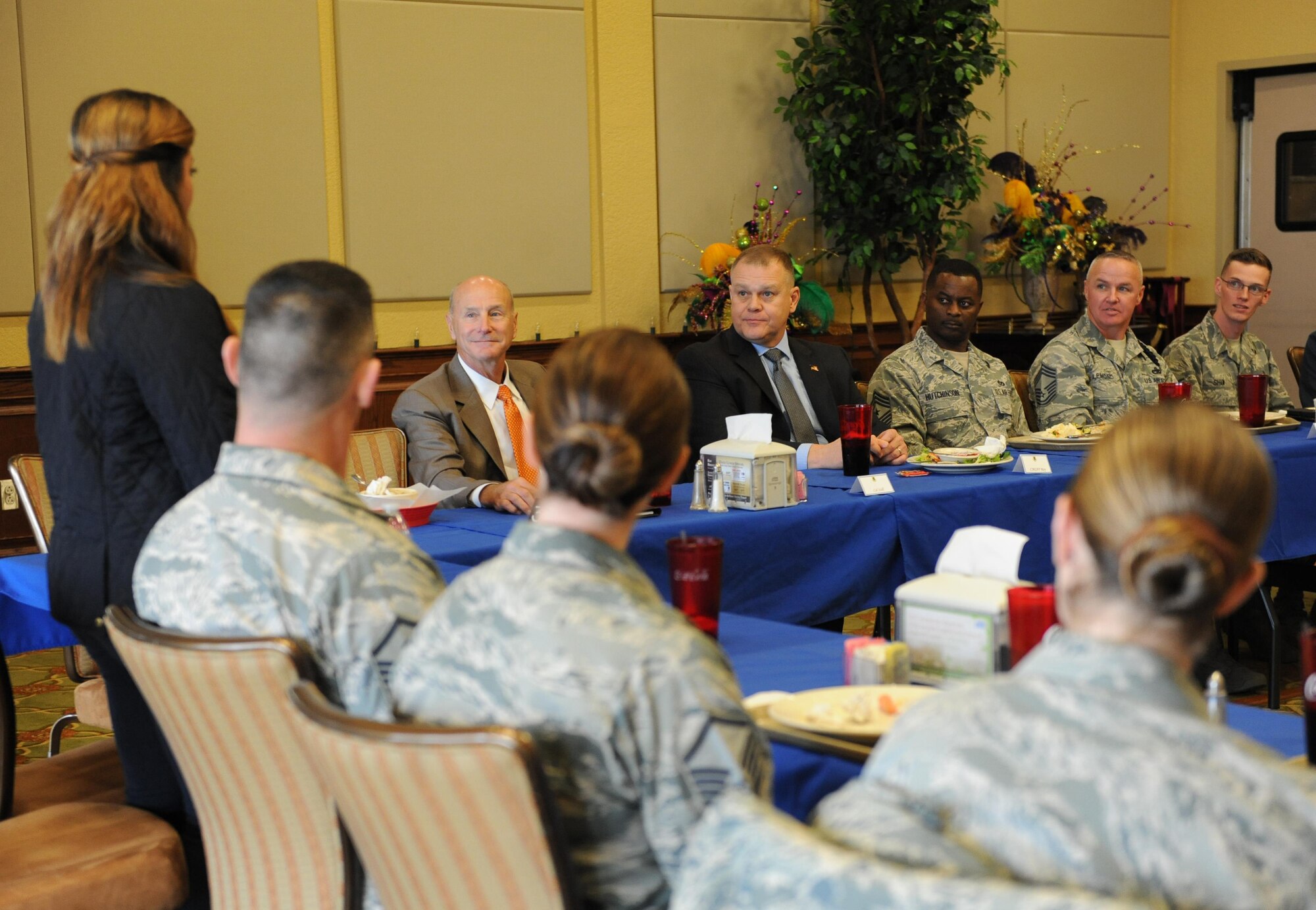 James Roy, retired 16th Chief Master Sgt. of the Air Force,  speaks with first sergeants, Air Force Sergeants Association executive council members, Keesler’s Career Assistance Advisor and Honor Guard manager during a luncheon at the Bay Breeze Event Center Feb. 2, 2016, Keesler Air Force Base, Miss. Roy visited Keesler to meet with Airmen in the 81st Training Wing. (U.S. Air Force photo by Kemberly Groue)