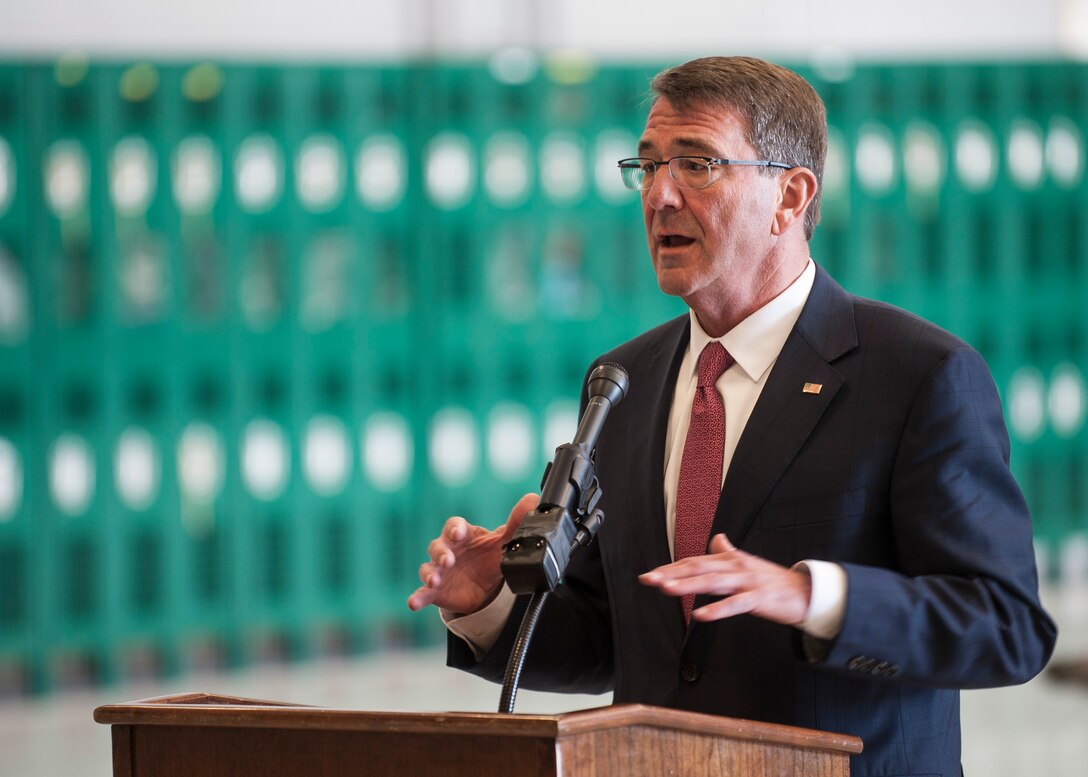 Defense Secretary Ash Carter speaks to media members during an engagement at Nellis Air Force Base, Nev., Feb. 4, 2016. Carter came to Nellis AFB as the last leg of his defense-budget installation visits. (U.S. Air Force photo/Staff Sgt. Siuta B. Ika)