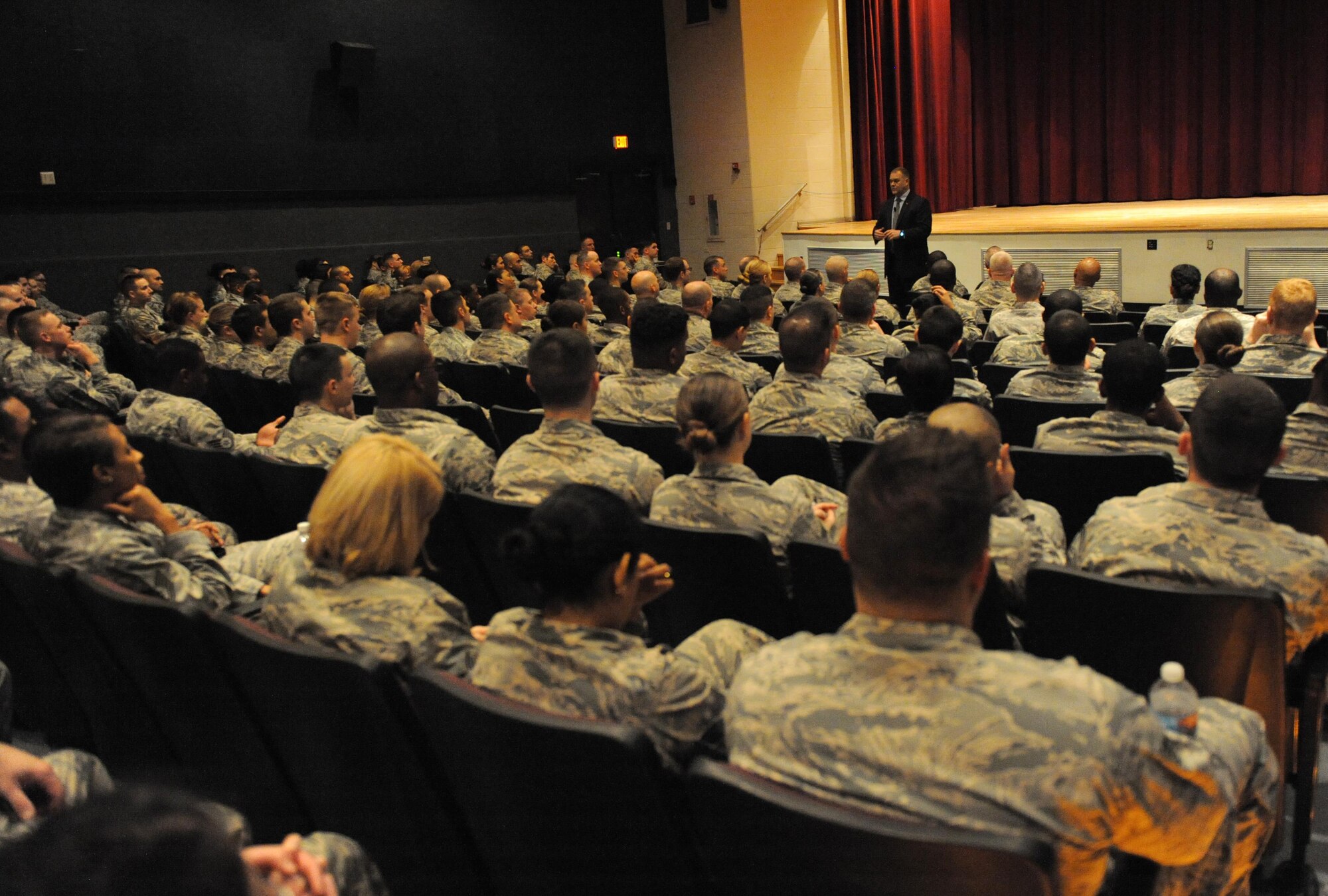James Roy, retired 16th Chief Master Sgt. of the Air Force, speaks with Keesler personnel during an enlisted call Feb. 2, 2016, Keesler Air Force Base, Miss. Roy visited Keesler to meet with Airmen in the 81st Training Wing. (U.S. Air Force photo by Kemberly Groue)