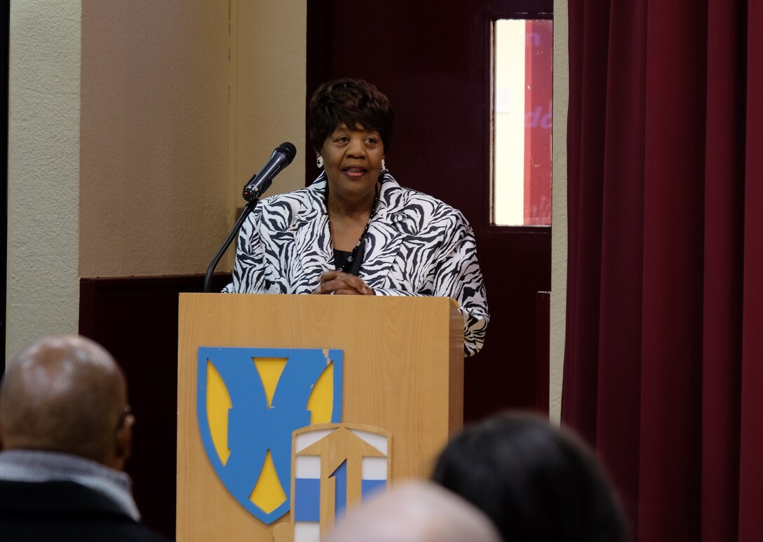 Myrtis Womack Johnson, the founder of Save Our Graves Foundation, speaks during the 7th Mission Support Command’s African American/Black History Month observance Friday February 5, 2016 on Daenner Kaserne in Kaiserslautern, Germany. This year’s theme is “Hallowed Grounds: Sites of African American Memories.” (Photo by Sgt. 1st Class Matthew Chlosta, 7th Mission Support Command Public Affairs) 