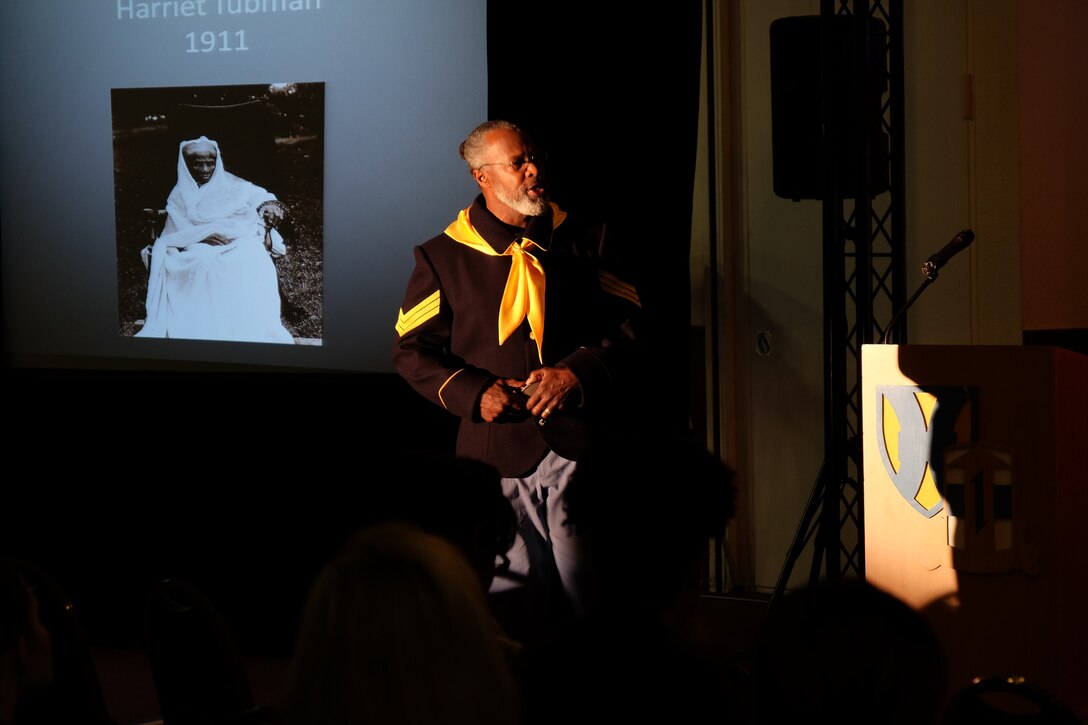 Joseph Chapman portrays a Buffalo Soldier during the 7th Mission Support Command’s African American/Black History Month observance February 5, 2016 on Daenner Kaserne in Kaiserslautern, Germany. This year’s theme is “Hallowed Grounds: Sites of African American Memories.” (Photo by Sgt. 1st Class Matthew Chlosta, 7th Mission Support Command Public Affairs)