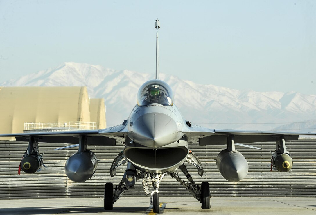 Air Force Lt. Col. Thomas Wolfe is ready to taxi his F-16 Fighting Falcon aircraft on Bagram Airfield, Afghanistan, Feb. 1, 2016. Air Force photo by Tech. Sgt. Nicholas Rau