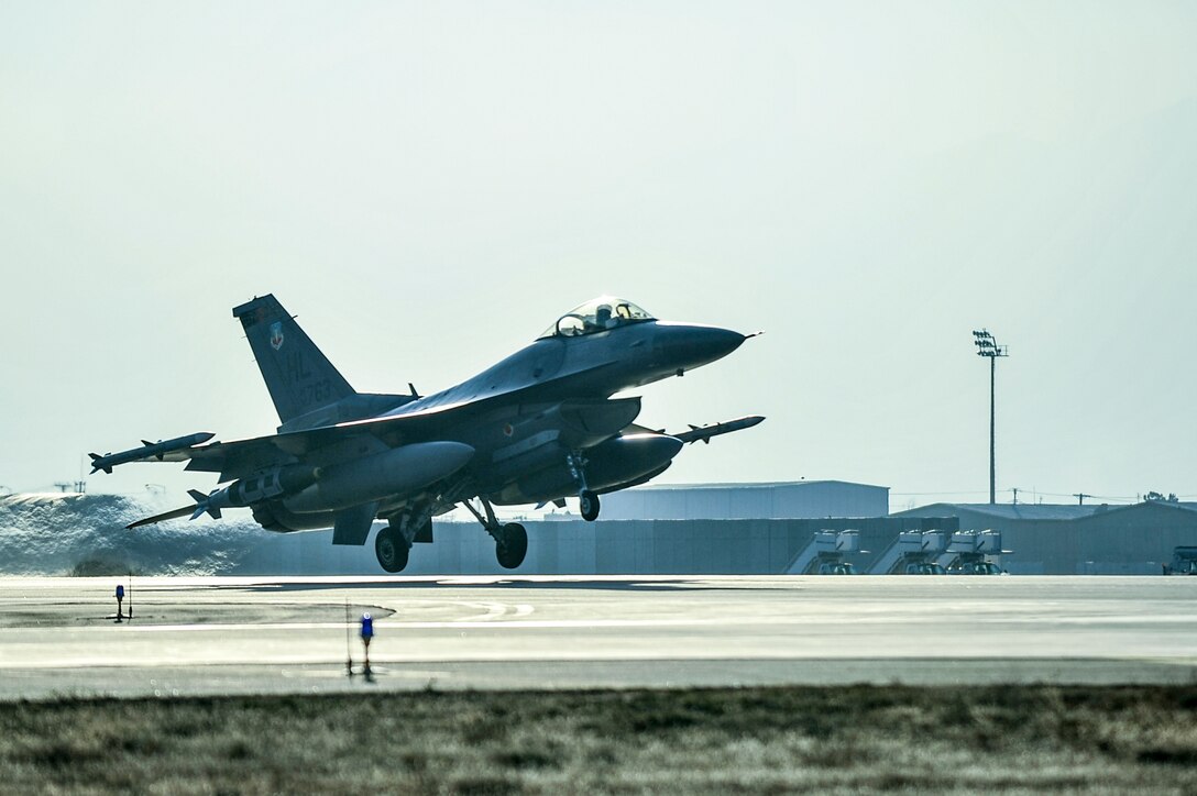 An F-16 Fighting Falcon aircraft takes off for a combat sortie from Bagram Airfield, Afghanistan, Feb. 1, 2016. Air Force photo by Tech. Sgt. Nicholas Rau