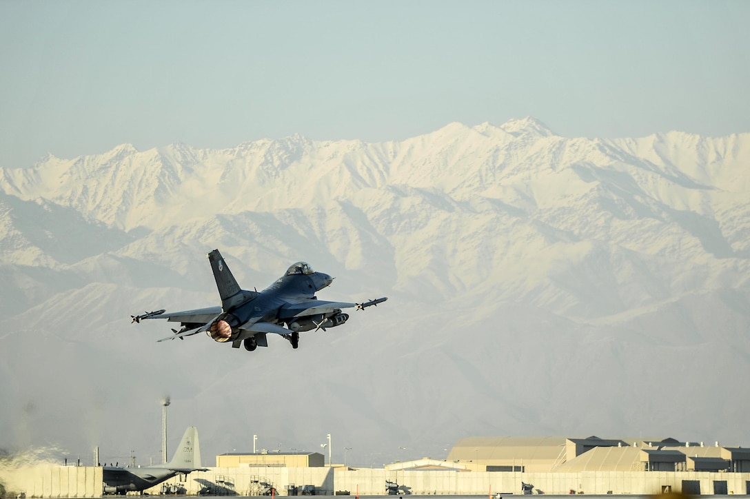 An F-16 Fighting Falcon aircraft takes off for a combat sortie from Bagram Airfield, Afghanistan Feb. 1, 2016. Air Force photo by Tech. Sgt. Nicholas Rau