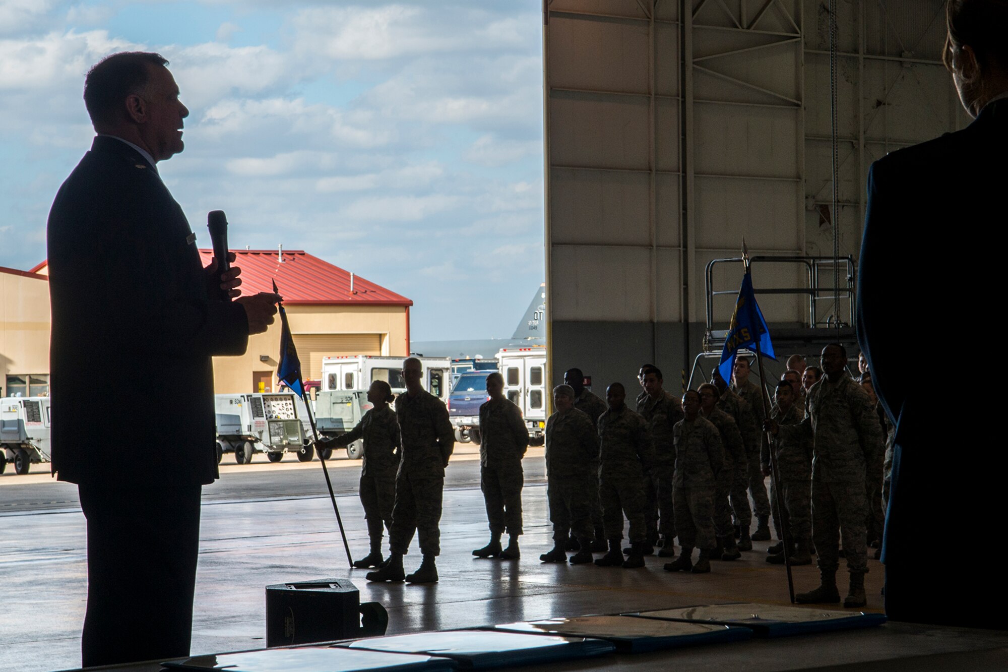 U.S. Air Force Lt. Col. Leo Kamphaus, 307th Maintenance Group commander, speaks during a Commander’s Call on Jan. 31, 2016, Barksdale Air Force Base, La. The event, which was held during the January Unit Training Assembly, gave Kamphaus the opportunity to recognize outstanding Airmen and talk to the troops. (U.S. Air Force photo by Master Sgt. Greg Steele/Released)