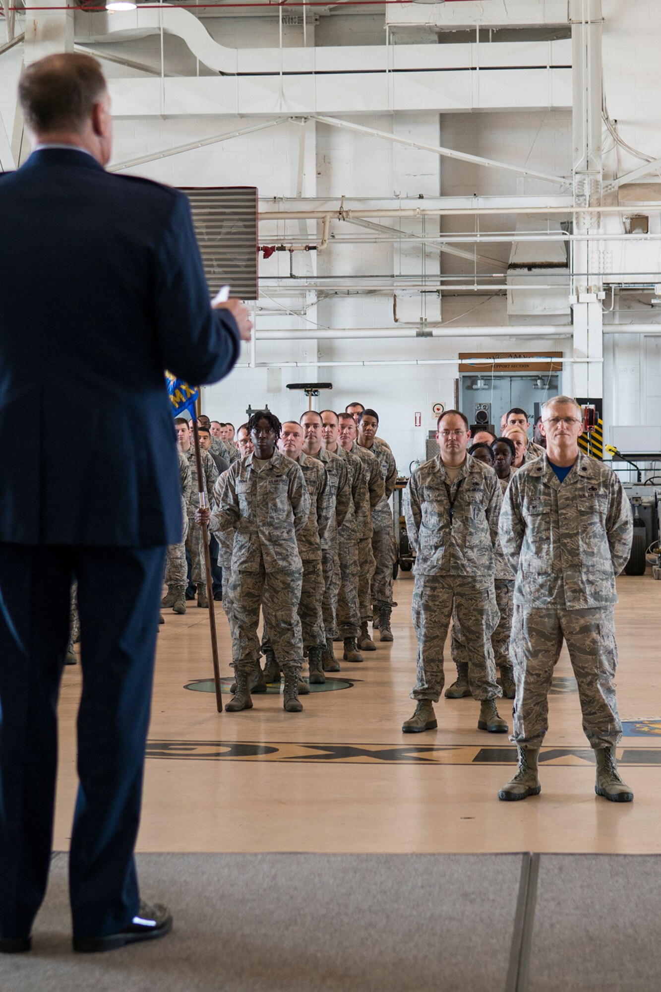 U.S. Air Force Lt. Col. Leo Kamphaus, 307th Maintenance Group commander, speaks during a Commander’s Call on Jan. 31, 2016, Barksdale Air Force Base, La. The event, which was held during the January Unit Training Assembly, gave Kamphaus the opportunity to recognize outstanding Airmen and talk to the troops. (U.S. Air Force photo by Master Sgt. Greg Steele/Released)