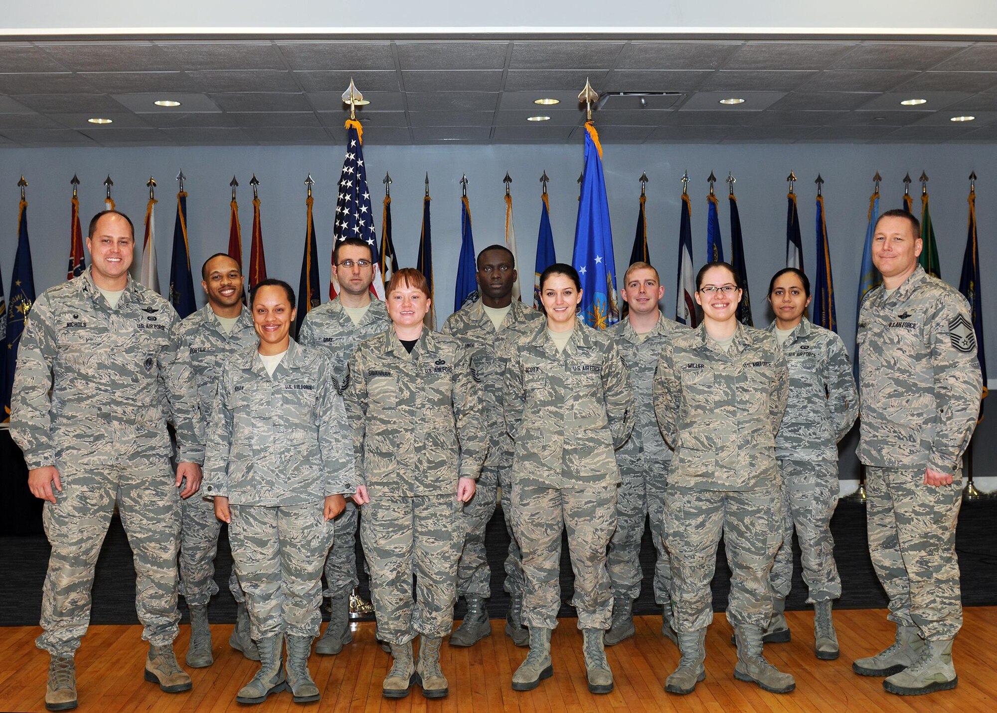 Nine of Team BLAZE’s enlisted Airmen were promoted during the enlisted promotions ceremony Jan. 29 at the Columbus Club on Columbus Air Force Base, Mississippi. (U.S. Air Force photo/Melissa Doublin)