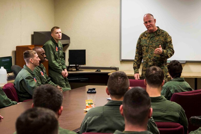 Rear Admiral Brent W. Scott speaks to Marines aboard Marine Corps Air Station Beaufort Feb. 3. Scott is the 19th Chaplain of the United States Marine Corps and the Deputy Chief of Navy Chaplains. The Marines are with Aircraft Rescue and Firefighting.