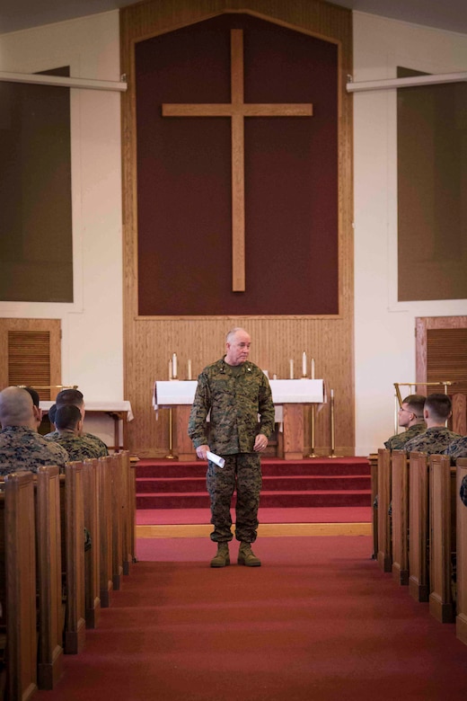 Rear Admiral Brent W. Scott speaks to Marines in the chapel aboard Marine Corps Air Station Beaufort Feb. 3. While aboard the air station, Scott spoke with Marines from Aircraft Rescue and Firefighting and Marine Aircraft Group 31. Scott is the 19th Chaplain of the United States Marine Corps and the Deputy Chief of Navy Chaplains. The Marines are with MAG-31.