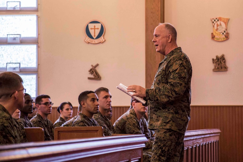 Rear Admiral Brent W. Scott speaks to Marines in the chapel aboard Marine Corps Air Station Beaufort Feb. 3. The mission of the CHMC is to oversee religious ministry in the Marine Corps. Visits to installations like Beaufort are a part of maintaining the high standards of the Chaplain Corps. Scott is the 19th Chaplain of the United States Marine Corps and the Deputy Chief of Navy Chaplains. The Marines are with Marine Aircraft Group 31.