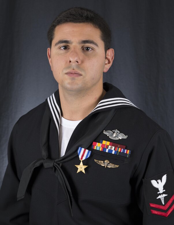 Petty Officer 2nd Class Alejandro Salabarria, a corpsman with Marine Special Operations Company F, 2nd Marine Raider Battalion, received the Silver Star Medal at Stone Bay aboard Camp Lejeune, N.C. Feb. 5, 2016. Salabarria was awarded for his actions in Afghanistan Sept. 15, 2014.