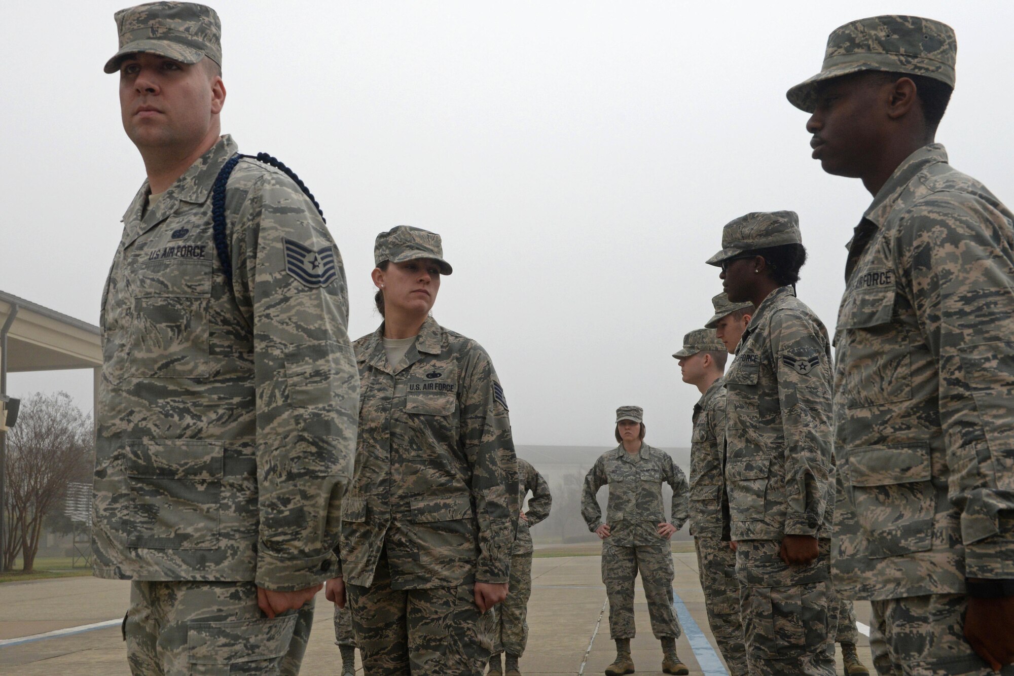 Tech. Sgt. Kyle Mullen, 81st Training Support Squadron military training leader course instructor, leads drill practice, Feb. 1, 2016, Keesler Air Force Base, Miss. While attending the nine-day course, NCOs learn how to mentor, train and lead Airmen in technical training as MTLs. This is the first MTL course held at Keesler since its transition from Joint Base San Antonio-Lackland, Texas. (U.S. Air Force photo by Airman 1st Class Travis Beihl)