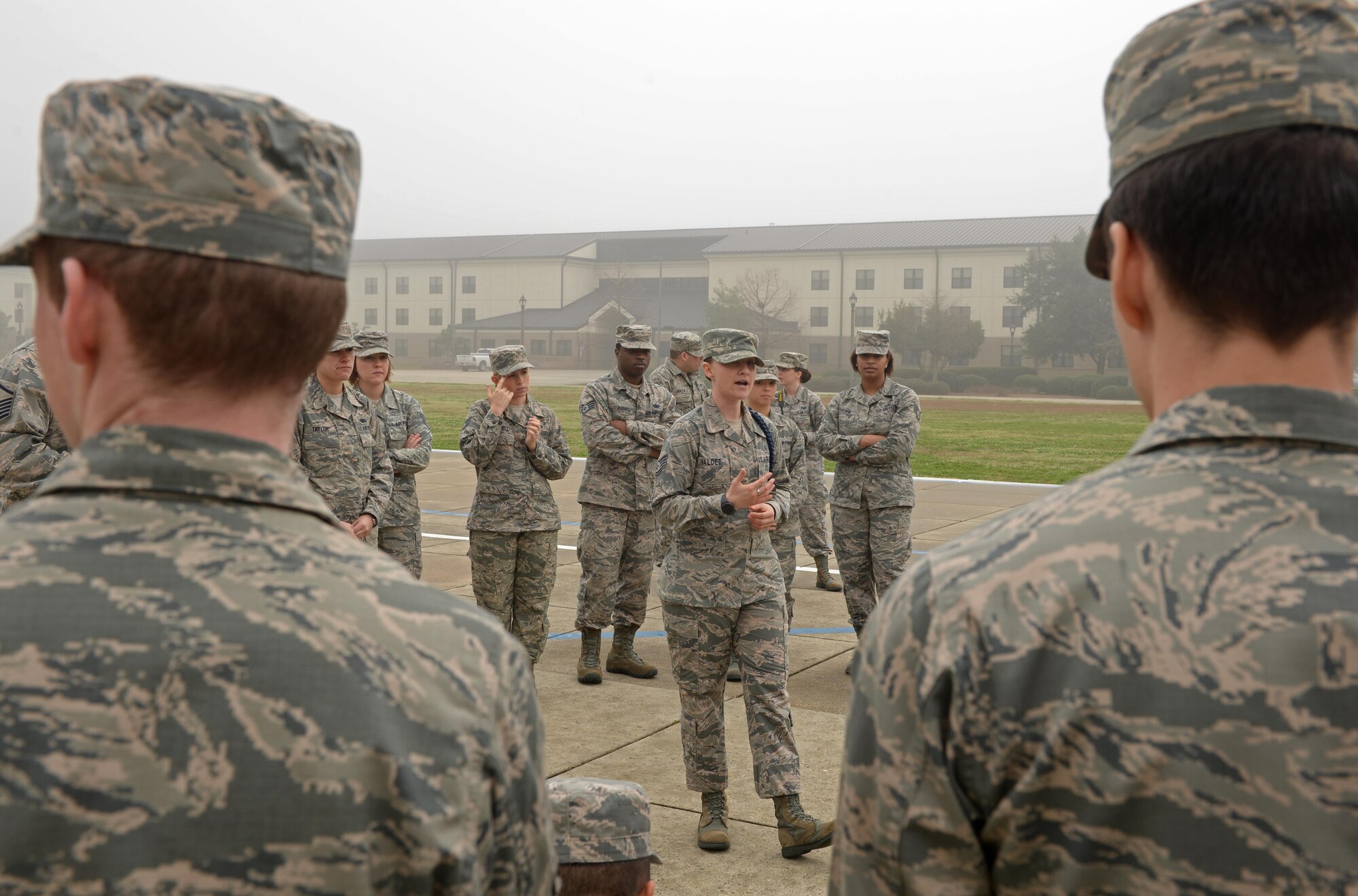 Staff Sgt. Alexandria Valdez, 81st Training Group military training leader course instructor, briefs Airmen during the military training leader course, Feb. 1, 2016, Keesler Air Force Base, Miss. While attending the nine-day course, NCOs learn how to mentor, train and lead Airmen in technical training as MTLs. This is the first MTL course held at Keesler since its transition from Joint Base San Antonio-Lackland, Texas. (U.S. Air Force photo by Airman 1st Class Travis Beihl)