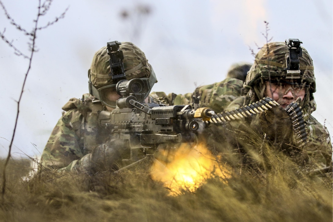 Army Pfc. Jose Gil engages targets during a live-fire exercise at Pabrade Training Area, Lithuania, Feb. 2, 2016. The exercise enables soldiers to improve their tactics, techniques and procedures. Gil is assigned to 3rd Squadron, 2nd Cavalry Regiment. Army photo by Staff Sgt. Michael Behlin