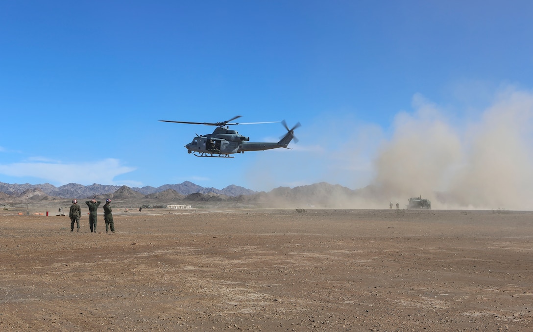 Marines with Marine Light Attack Helicopter Squadron (HMLA) 267 land a UH-1Y Huey to refuel during exercise Scorpion Fire 1-16 aboard Navy Air Facility El Centro, Calif., Jan. 25. HMLA-267 supported the exercise with close air support and live-fire capabilities, Jan. 25 to Feb. 5.