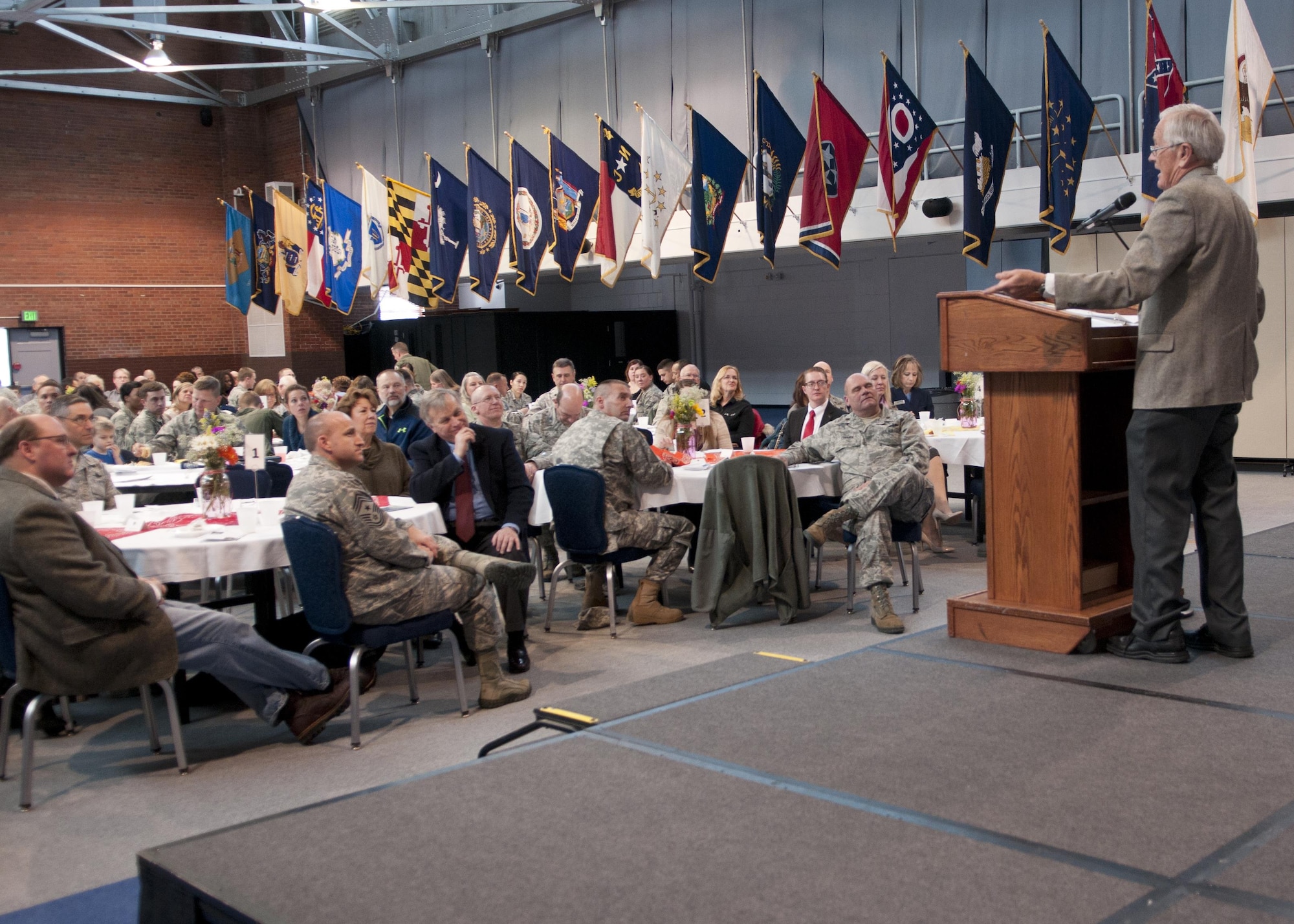 Retired Brig. Gen. Charles Duke Jr. speaks to people from the Warren community and guests from the local community, who attended this year’s Prayer luncheon, Feb. 4, 2015, in the Fall Hall Community Center. More than 200 people attended the annual event, which was hosted by the base chapel. (U.S. Air Force photo by Airman 1st Class Malcolm Mayfield)