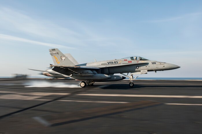 ARABIAN GULF (Feb. 2, 2016) An F/A-18C Hornet, assigned to the "Rampagers" of Strike Fighter Squadron (VFA) 83, lands on the flight deck of aircraft carrier USS Harry S. Truman (CVN 75). Harry S. Truman Carrier Strike Group is deployed in support of Operation Inherent Resolve, maritime security operations, and theater security cooperation efforts in the U.S. 5th Fleet area of operations. (U.S. Navy photo by Mass Communication Specialist Seaman Lindsay A. Preston/Released)